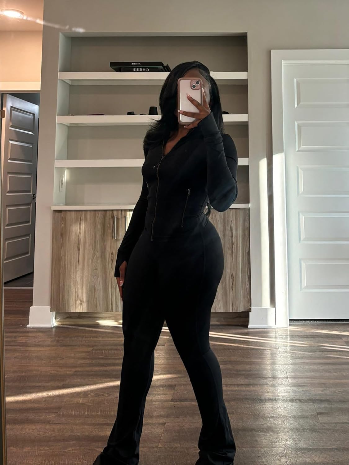 Molilove Womens 2 Piece Outfits Lounge Sweatsuit Set Long Sleeve Zipper Crop Jacket Long Flare Pants Tracksuits Workout Set - Image 2