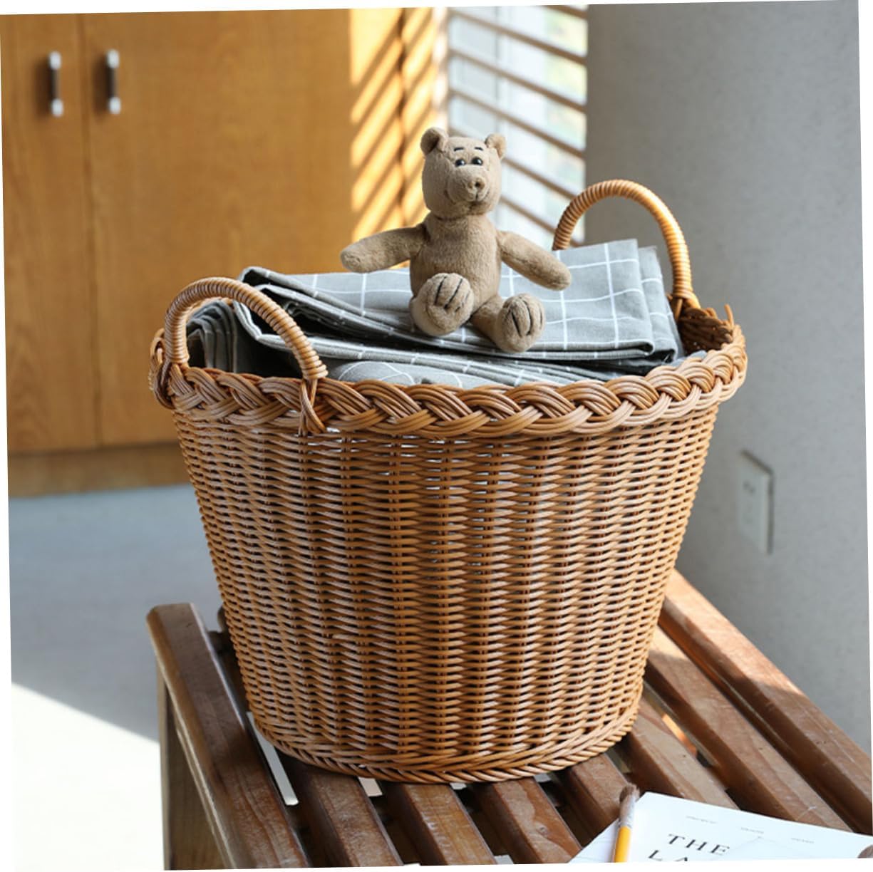 IMIKEYA Simulated Rattan Woven Laundry Basket with Handles Portable Japanese Style Clothes Hamper for Dirty Clothes Storage Multipurpose Bathroom Laundry Hamper Decorative and Practical