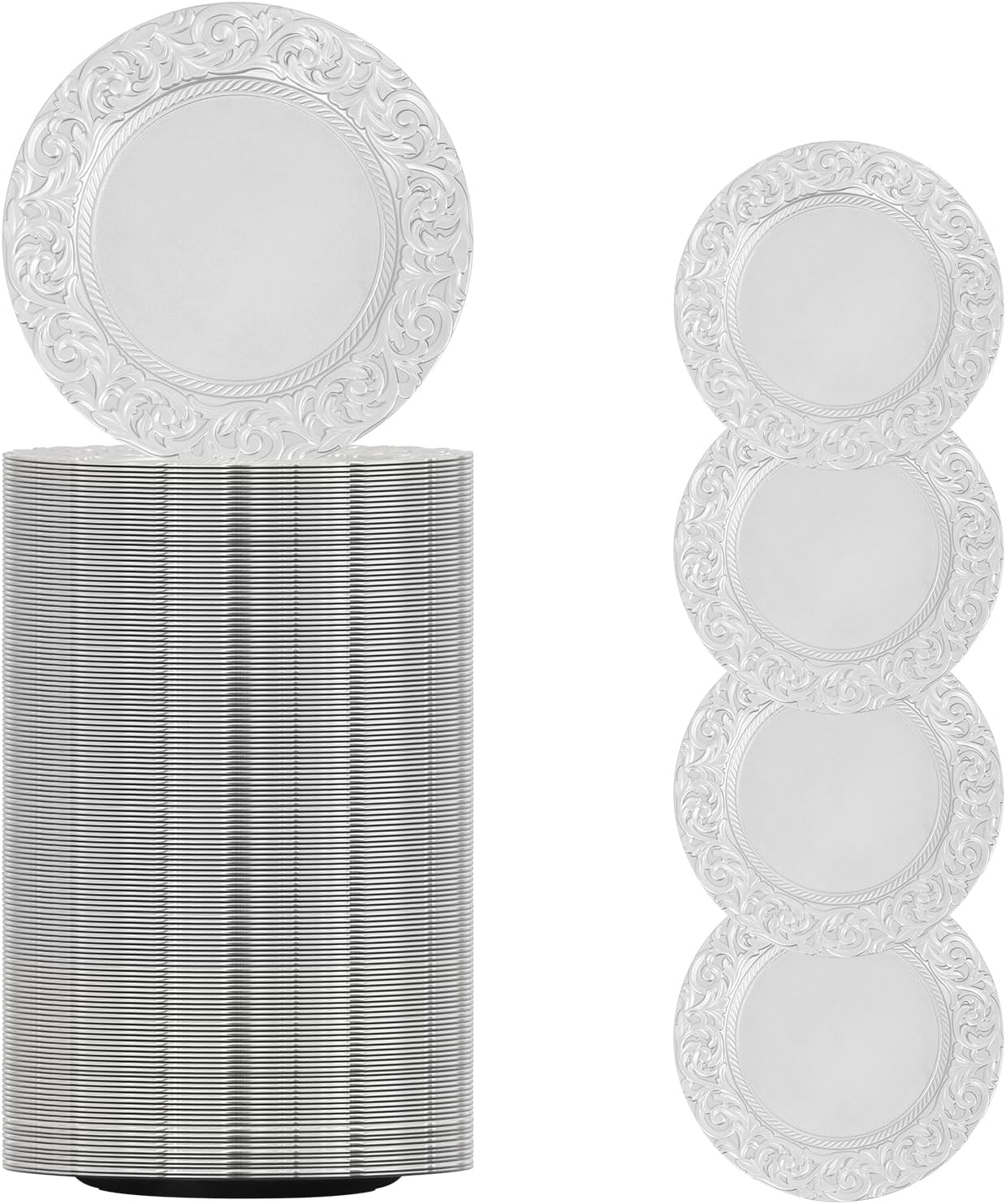 150 Pcs Antique Charger Plates Bulk 13" Round Floral Chargers for Dinner Plates, Silver Charger Plates for Wedding, Party, Elegant Tabletop Decor (Silver)
