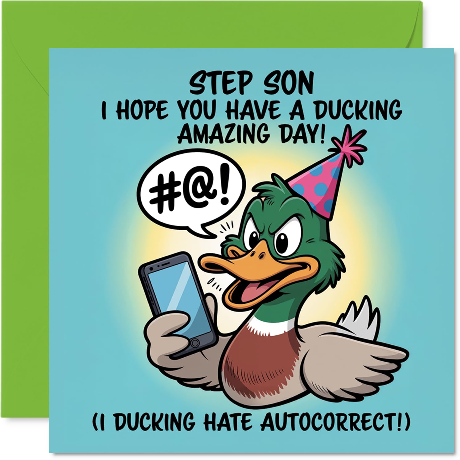 Step Son Birthday Card - Ducking Amazing - Happy Birthday Card for Step Son from Dad Mum, 145mm Autocorrect Joke, Cartoon Duck with Phone Bday Greeting Cards