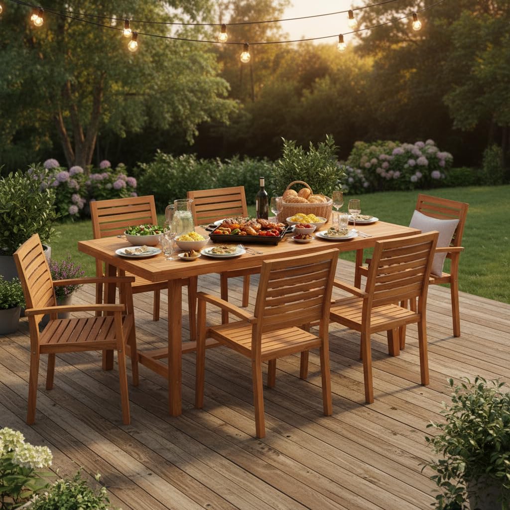 Tangkula 63-Inch Acacia Wood Patio Dining Table for 6, Heavy-Duty Indoor Outdoor Rectangular Table with 1.97" Umbrella Hole, Large Farmhouse Outside Dining Table for for Backyard, Garden, Porch, Deck