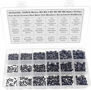 750PCS Metric M2 M2.5 M3 M4 M5 M6 Nylon Phillips Pan Head Screws Hex Nuts Flat Washers Assortment Kit(Black)