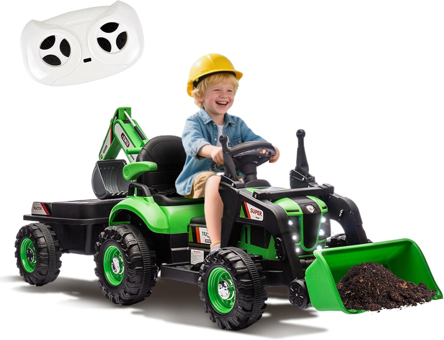 24V Ride on Excavator with 4-in-1 Construction Attachments (Excavator, Dump Truck & Bulldozer), Ride on Tractor w/Remote Control, Swivel Seat, Power Wheels Kids Electric Vehicles (Blue)