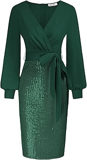 Vestido Mujer Elegantes Manga Larga Cuello Pico Delgado Corpiño Plisado Vestido de Cintura Alta