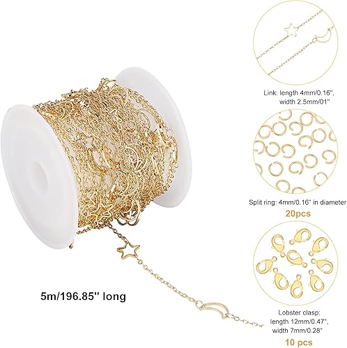 Miniatura 2 de CHGCRAFT Cadenas de eslabones de luna de latón de 16.4 pies, cadenas de cable chapadas en oro de 18 quilates con broches de langosta y anillos de