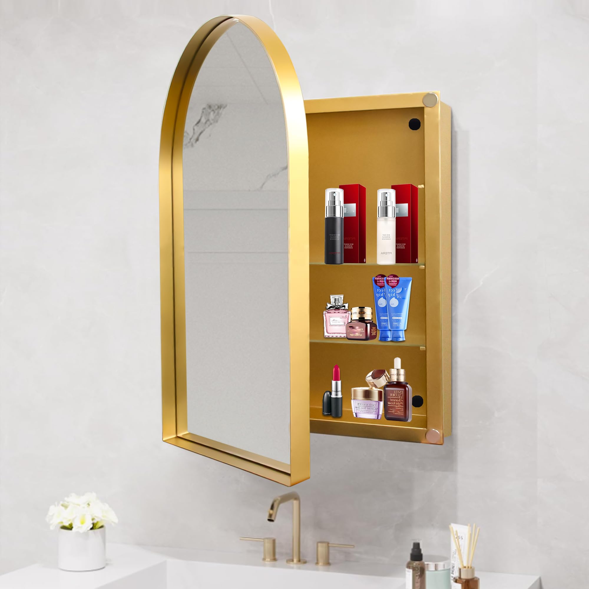 LUMISOL Arched Recessed Medicine Cabinet, Metal Framed Bathroom Wall Cabinet with Mirror and Adjustable Shelves, Wall Mirror with Storage for Bathroom