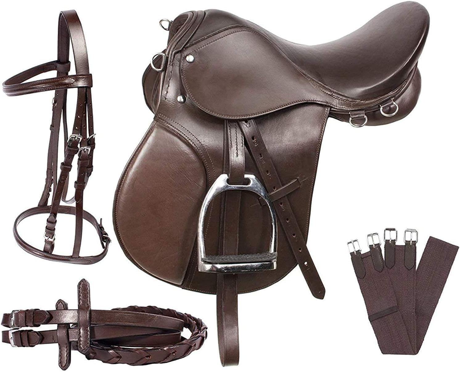 Lussoro Leather English Riding Horse Saddle Starter Kit Brown Saddle 7 Pcs Combo Pack