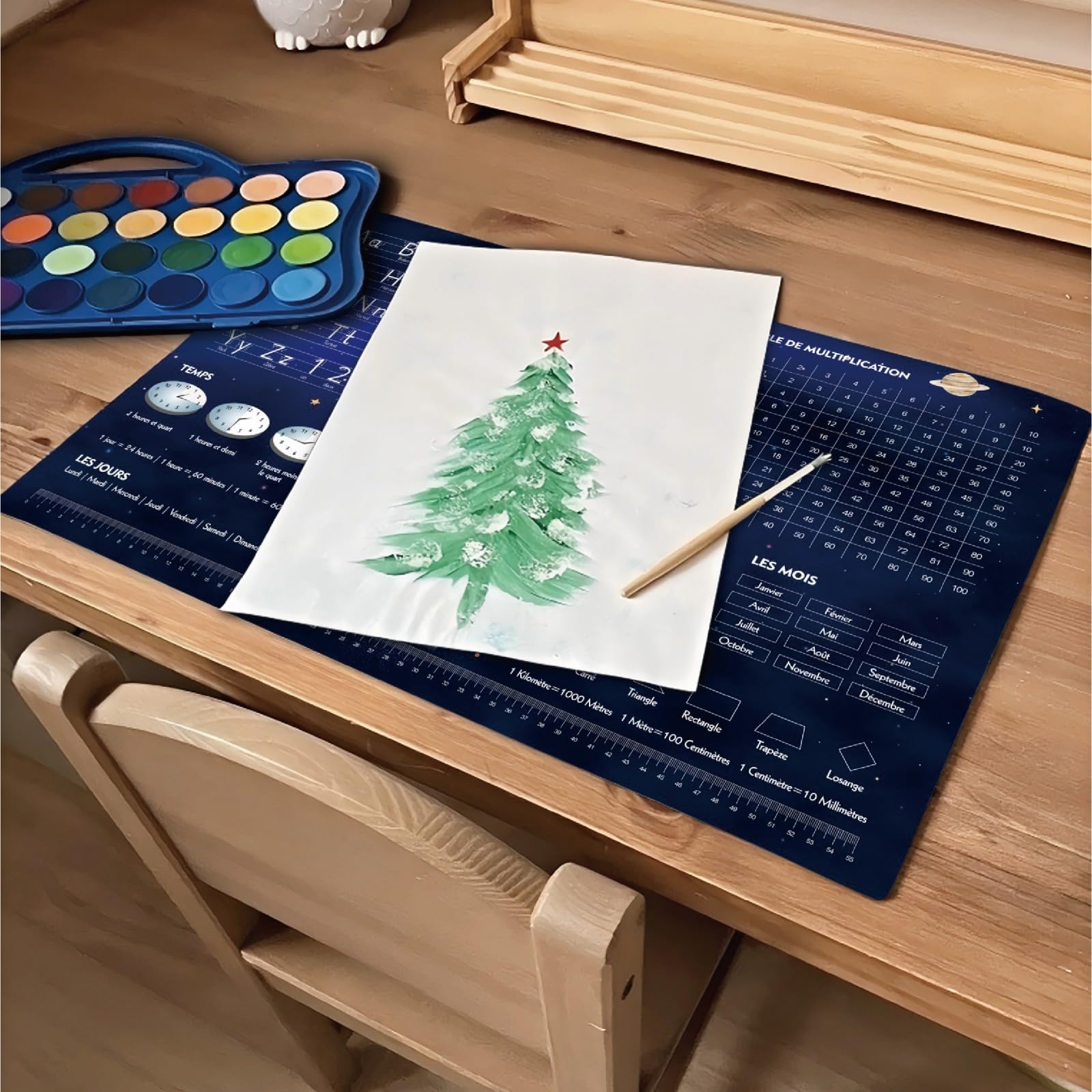 Éducatif Sous-main pour Enfant 40x60cm - Français - Thème Espace Univers - ABC avec Animaux - 1X1 - Formes - Heures - Tapis de Bureau Imperméable - Cuir PU Double Face effaçable facile à Nettoyer