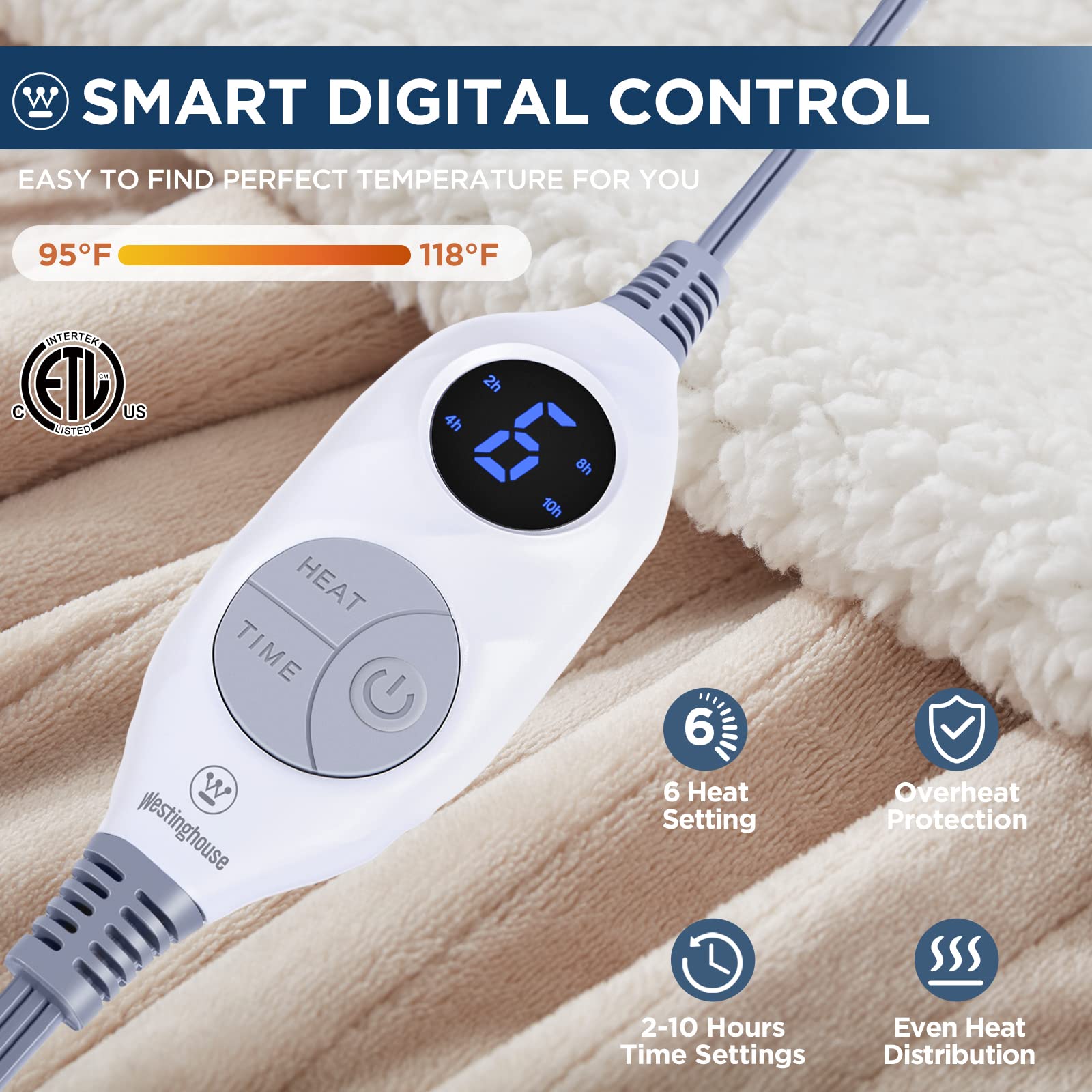 Westinghouse Electric Blanket Throw Heated Blanket with 6 Heating