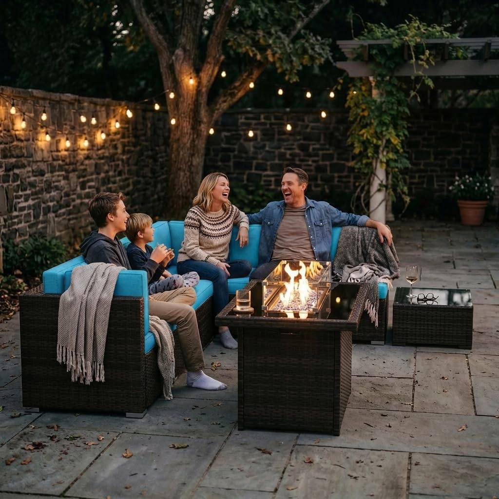 8 Pieces Patio Furniture Set with 44" Propane Gas Fire Pit Table, Outdoor Sectional Wicker Conversation Sofa Sets with Coffee Table