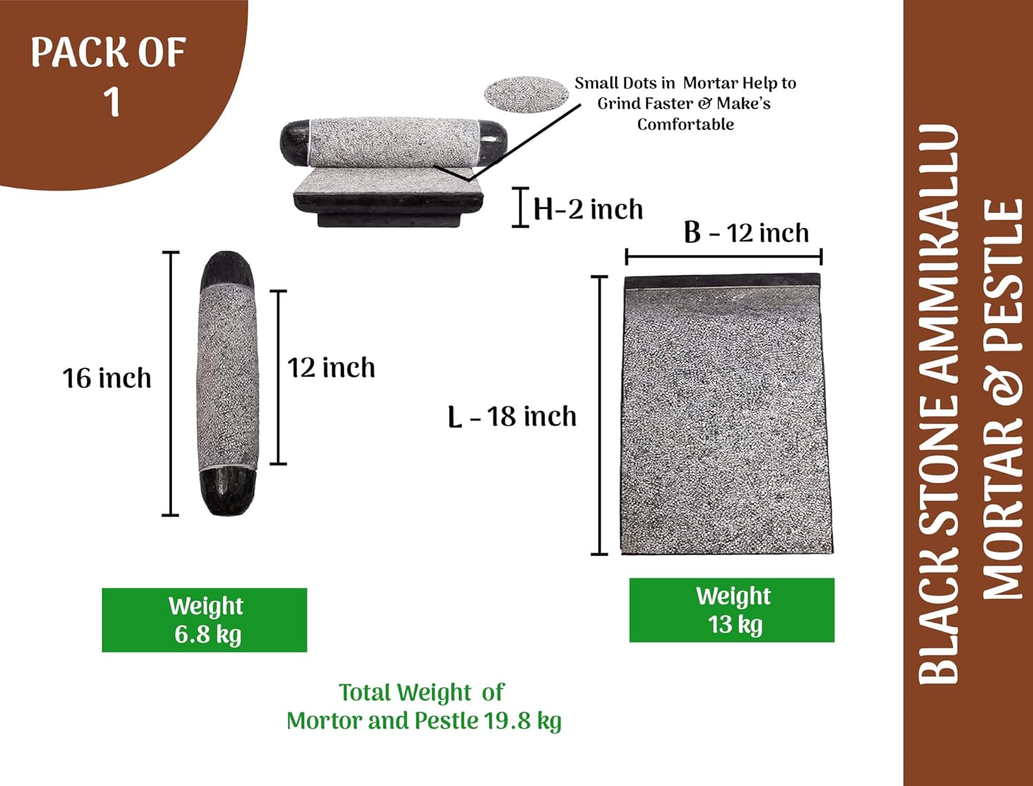 Village Decor black stone mortar & pestle ammikallu Polished (L * B - 18 * 12 inch)