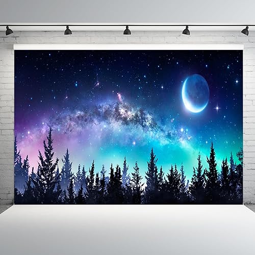 Miniatura 8 de AOFOTO Telón de fondo de bosque nocturno estrellado de 5 x 3 pies, hermoso universo, galaxia, estrellas y luna, naturaleza, cielo de verano,