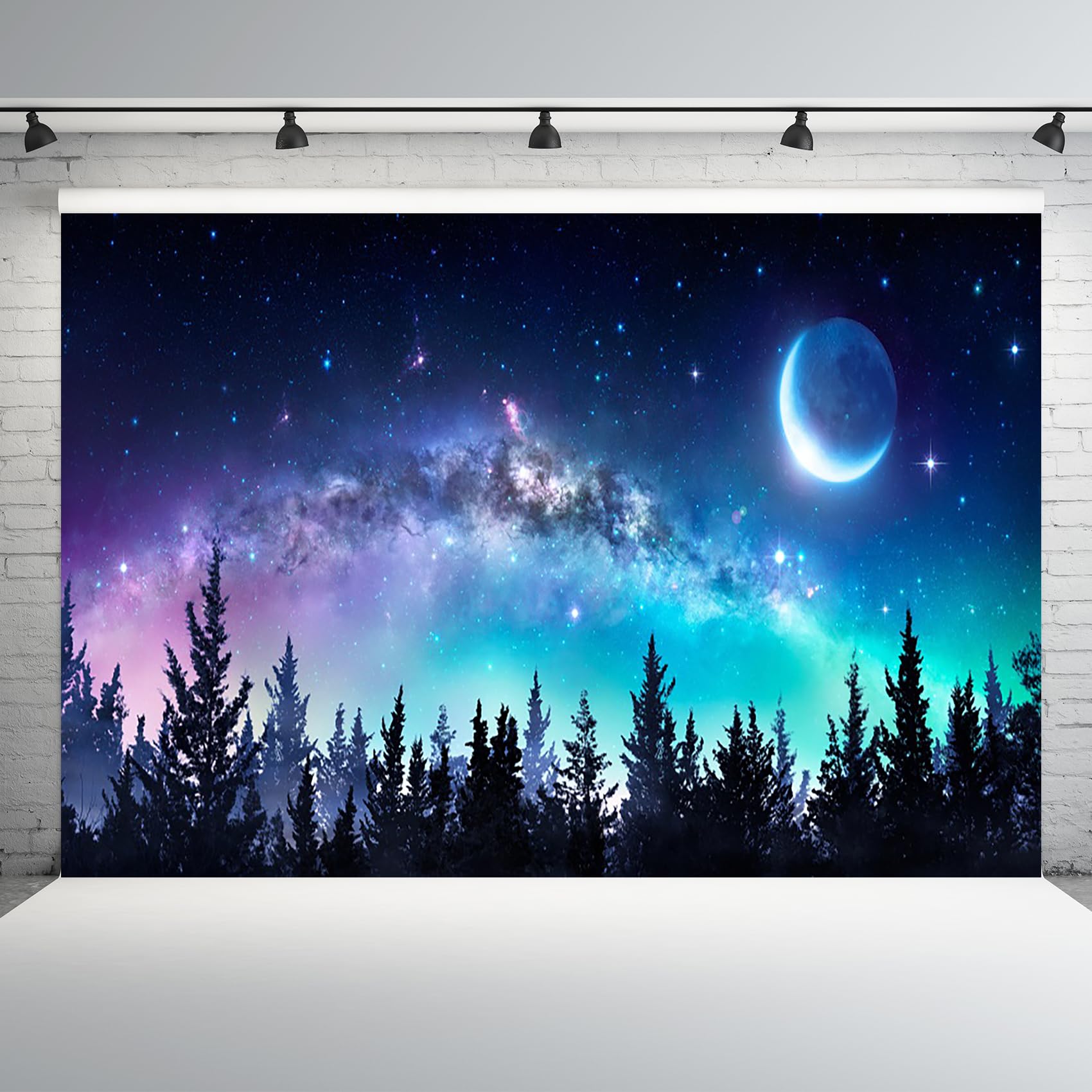 AOFOTO 10x8ft Night Sky Forest Backdrop Universe Space Nebula Galaxy Starry Sky Photo Background Northern Colorful Lights Stars and Moon Winter