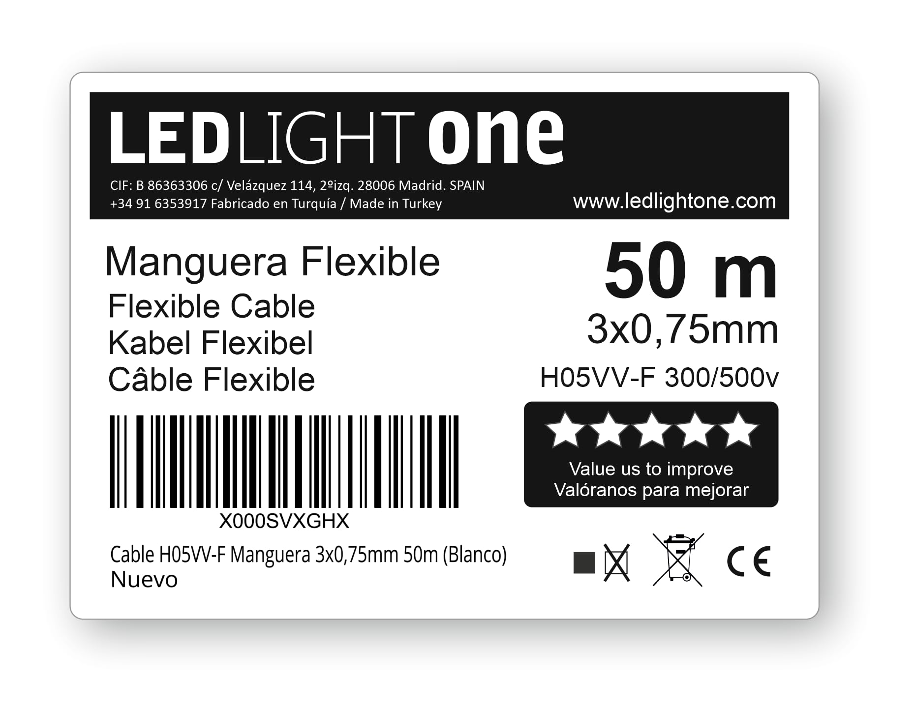 Cavo flessibile, 3 x 0,75 mm, 50 m, modello H05VV-F Tensione di esercizio: 500v Temperatura massima di esercizio 70º. Per installazioni fisse e mobili in ambienti domestici e uffici.