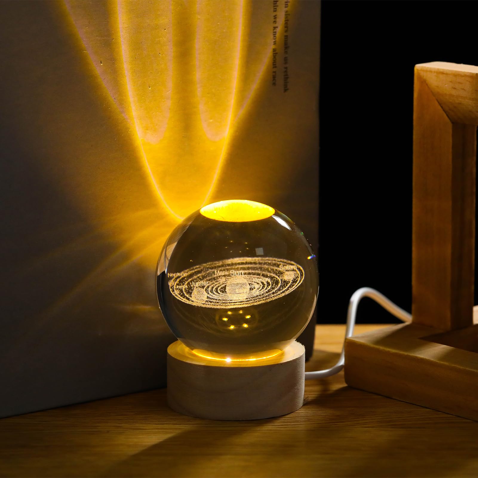Arikyrist 3D Solar System Crystal Ball Lamp with Wooden Base, Laser Engraved Solar System Model Glass Sphere Collection Figurines Science Astronomy Gifts for Space Lovers, Crystal Ball Home Decor