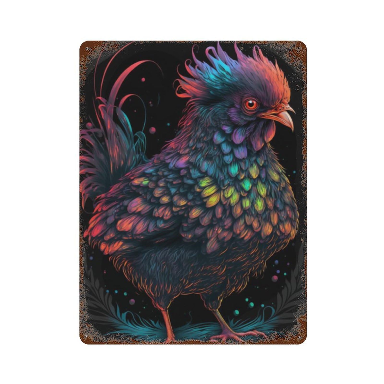 Colorful Fantasy Chicken Art Print Rust Effect Tin Sign 15.7"x11.8", Vintage Wall Decor for Pub, Kitchen And Man Cave Decor