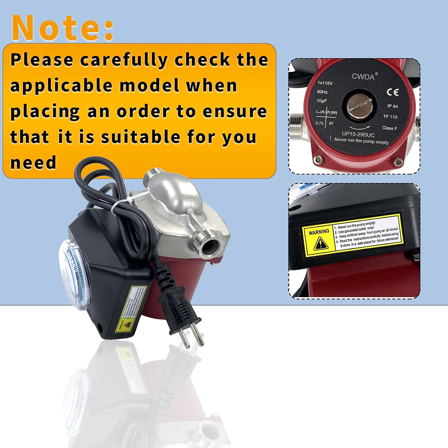 UP15-29SUC/TLC Circulator Pump 115V 1/8 HP 1/12 Compatible with Grundfos | Hot Water Recirculation Pump with Timer Union Connection for Hydronic Heating Systems Replace 59896777 99452462 RCP18