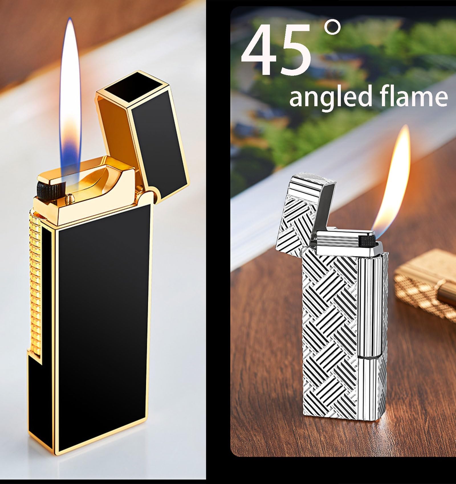 Briquet rechargeable en métal avec allumage à roue latérale – Coffret cadeau et accessoires de pierre à feu inclus (carburant non inclus)