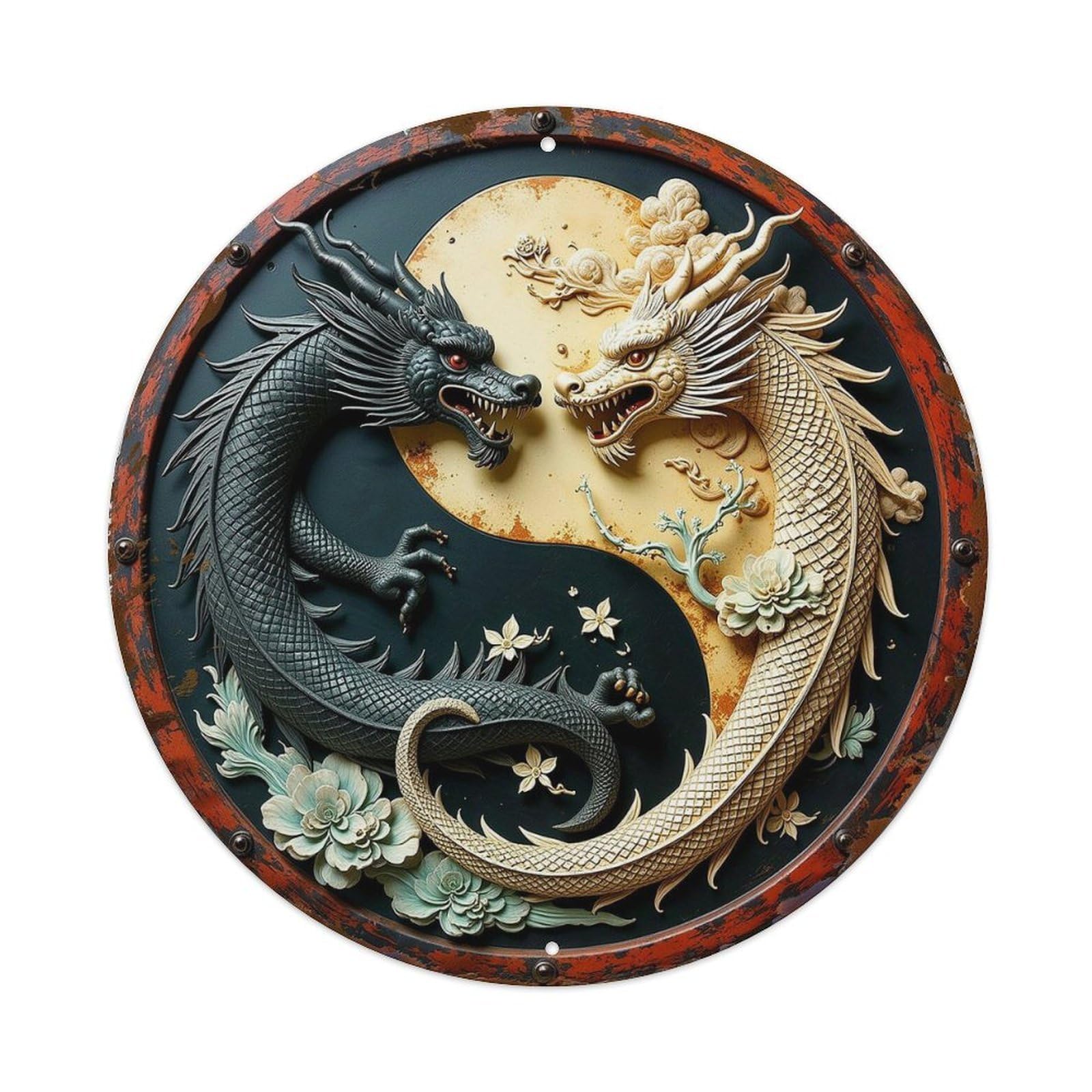 Yin Yang Dragon Design Art Round Tin Sign Vintage Metal Sign Home Bar Garden Indoor & Outdoor Wall Decor Retro Metal Poster 8x8 Inch