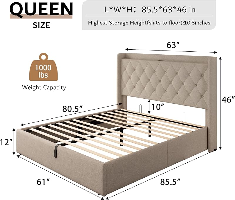 iPormis Queen Size Lift Up Storage Bed Frame with Charging Station, Upholstered Platform Bed Frame with Tufted Headboard, Hydraulic Storage, No Box Spring Needed, Noise-Free, Easy Assembly, Beige image 2