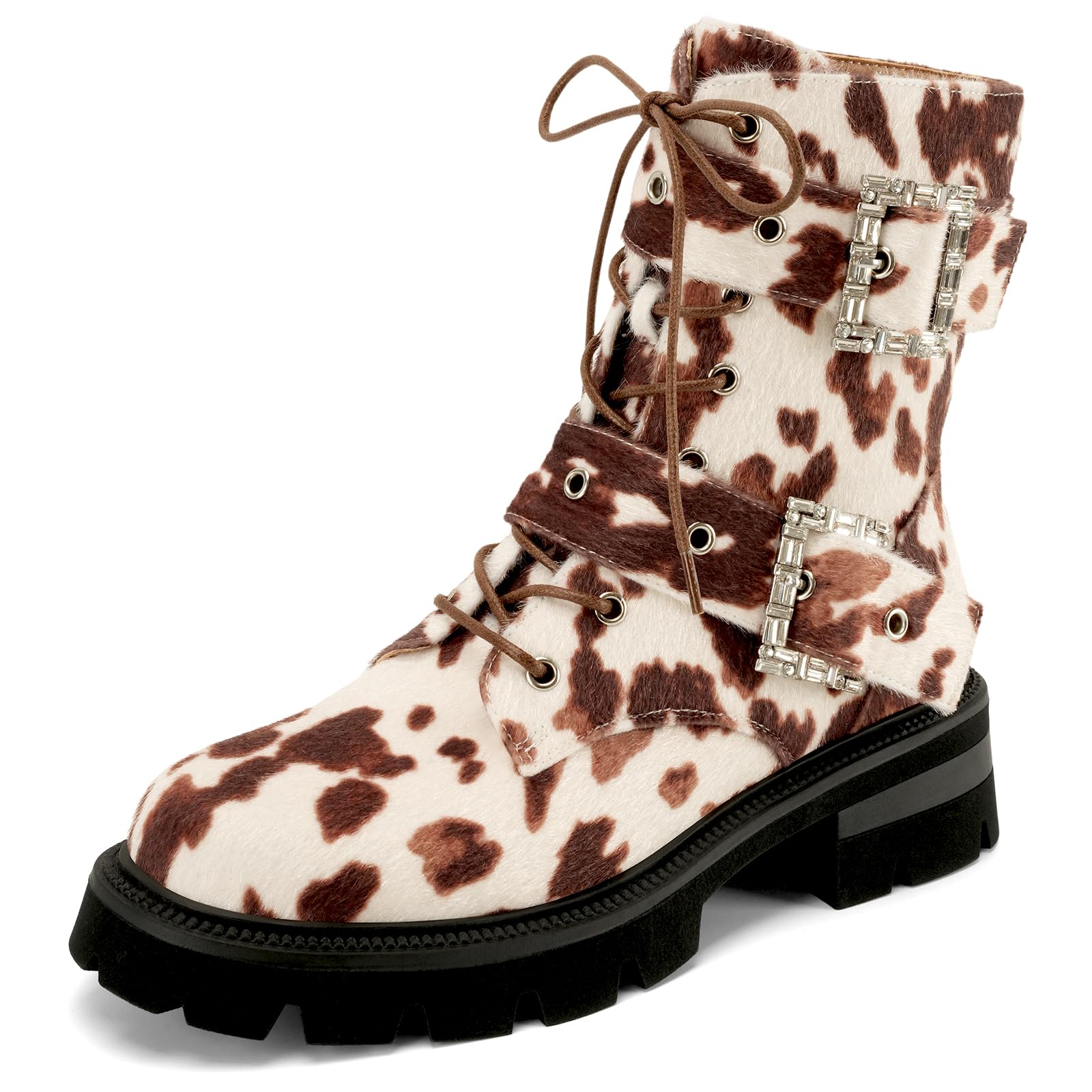 Womens Leather Platform Lug Sole Low Chunky Heel Combat Boots Lace Up Buckles Zipper Fashion Ankle Booties