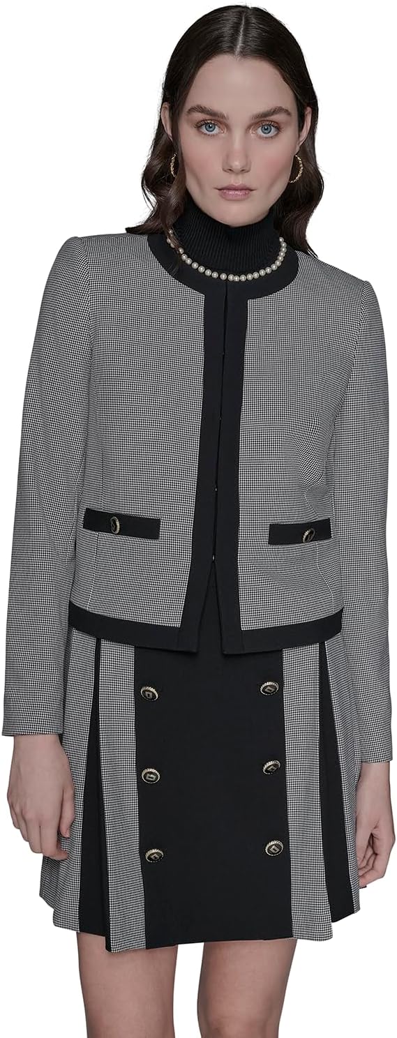 KARL LAGERFELD Women's Long Sleeve Round Neck Two Toned Cropped Career Jacket