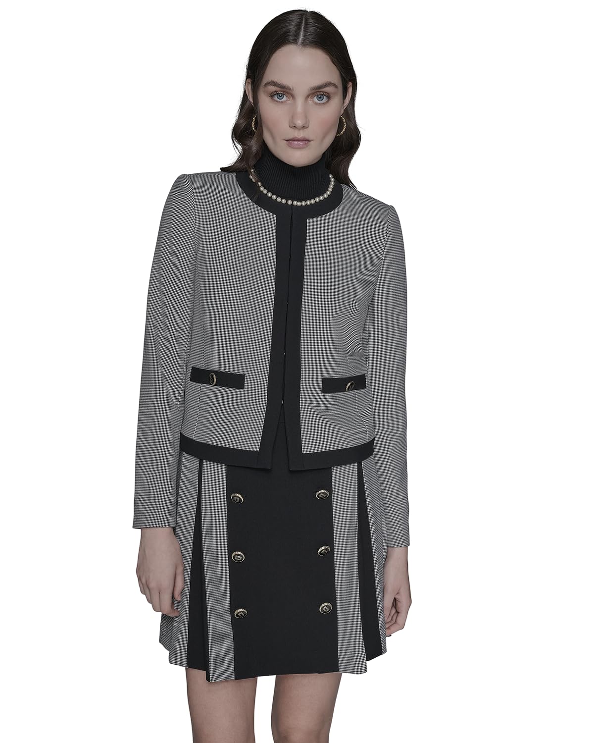 KARL LAGERFELD Womens Long Sleeve Round Neck Two Toned Cropped Career Jacket