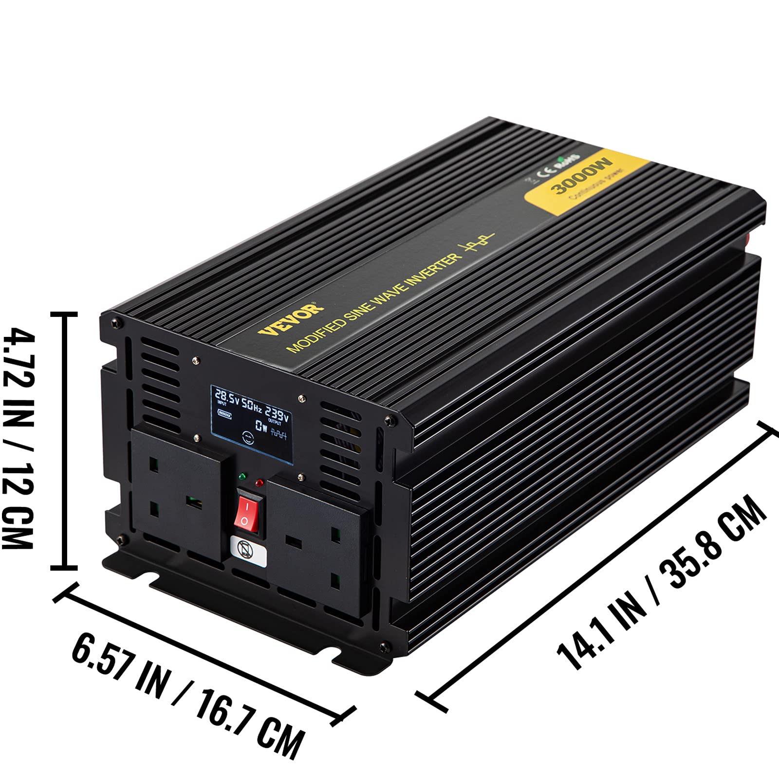 VEVOR 3000 W Reiner Sinus Wechselrichter Sinus Spannungswandler, DC 24 V AC 240 V Dauerleistung Inverter Stromumwandler, 330 x 167 x 120 mm, LCD-Fernbedienung, 0,15 A, LED-Anzeigen, 2 Batteriekabel