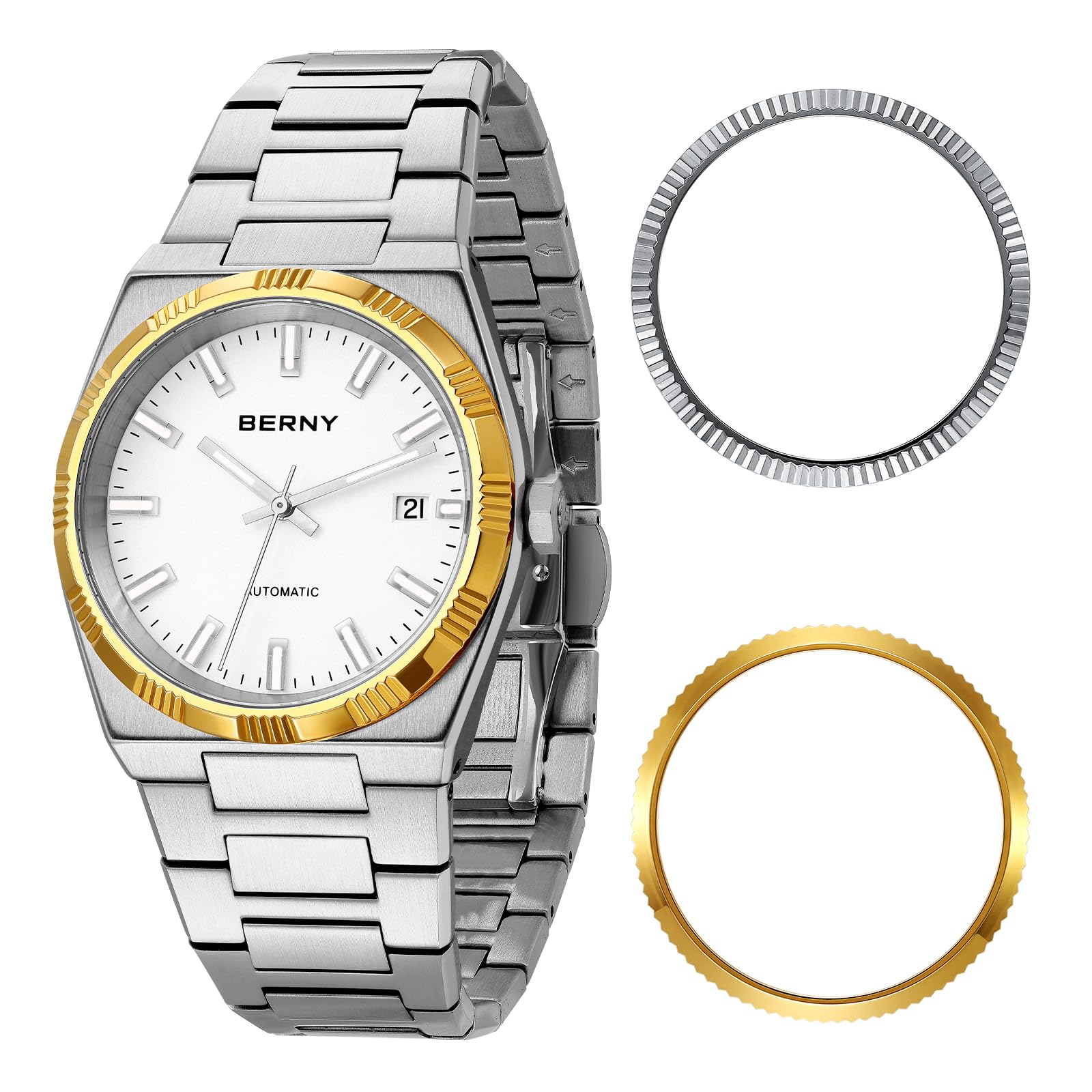 BERNY Orologi Automatici Per Gli Uomini Orologio da Polso Meccanico 5ATM Impermeabile Maschio Classic Dress Watches Super Luminous Silver Watch Viene fornito con 2 Lunette Supplementari