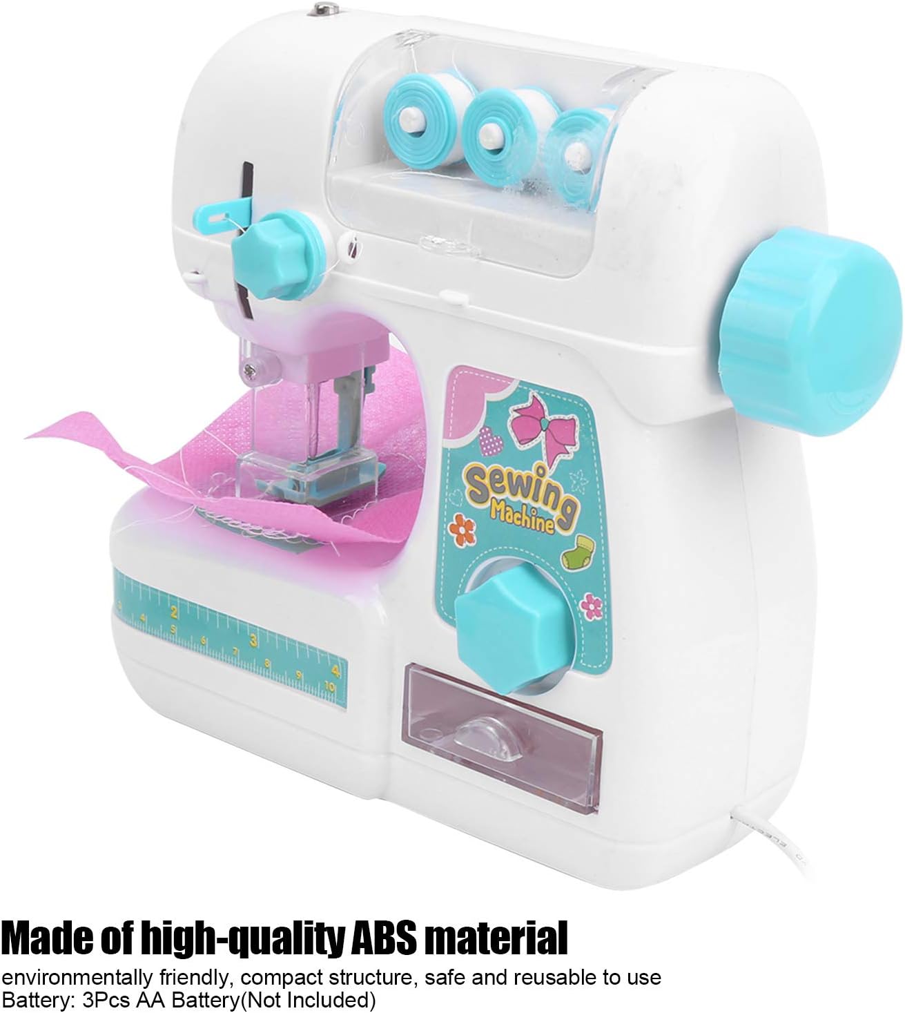 Close-up of the sewing machine indicating battery requirement