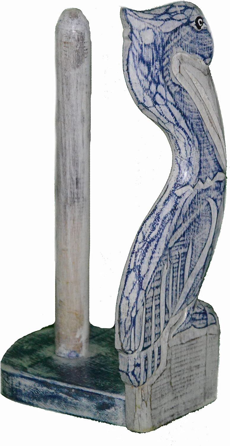 Hand Carved Pelican Paper Towel Holder Wood Carving Nautical Statue Kitchen Gadget Sculpture