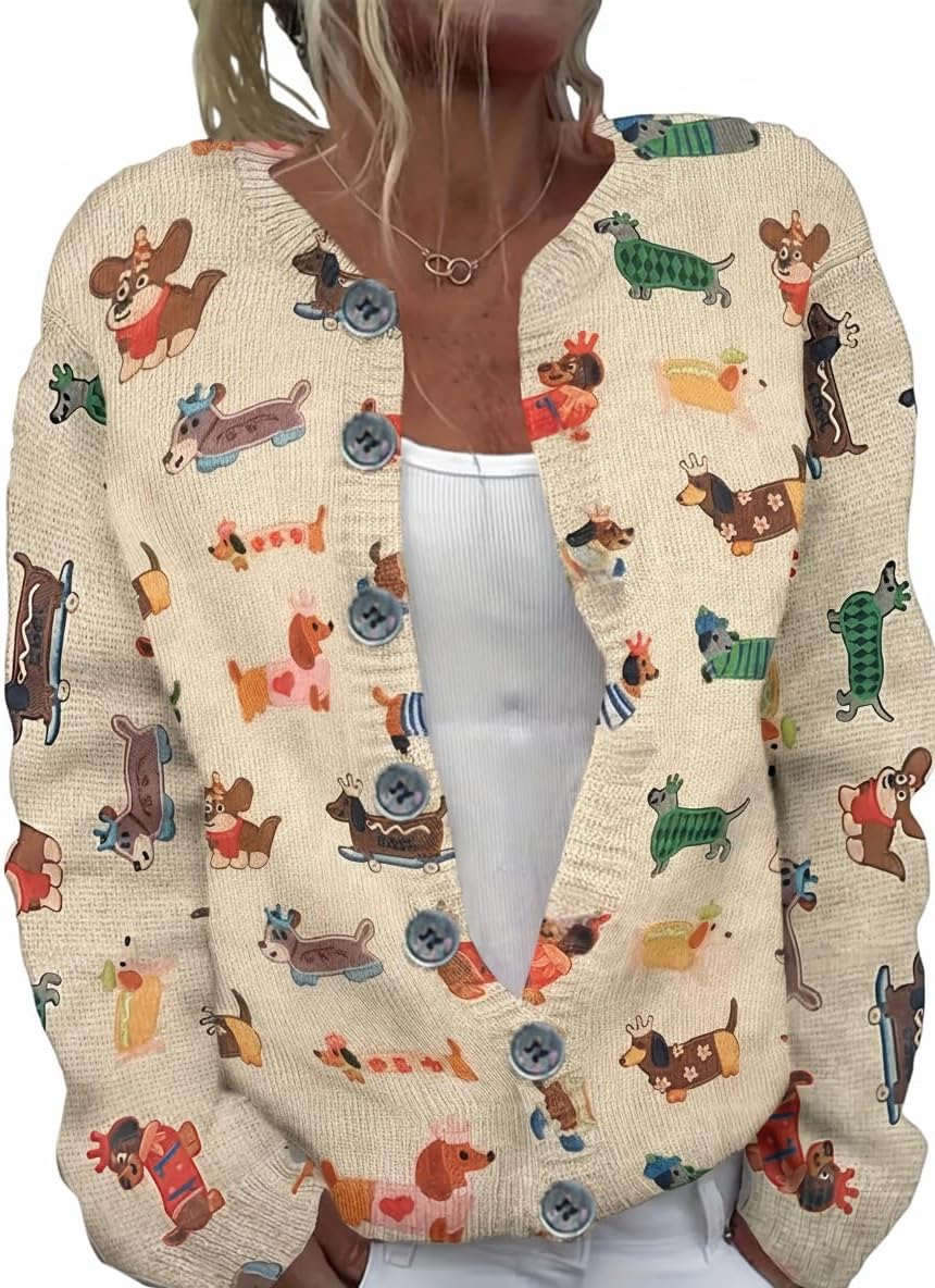 Women's Animal/Floral Pattern Print Crew Neck Long Sleeve Cardigan, Button-Down Thin Sweater for Spring/Summer/Fall