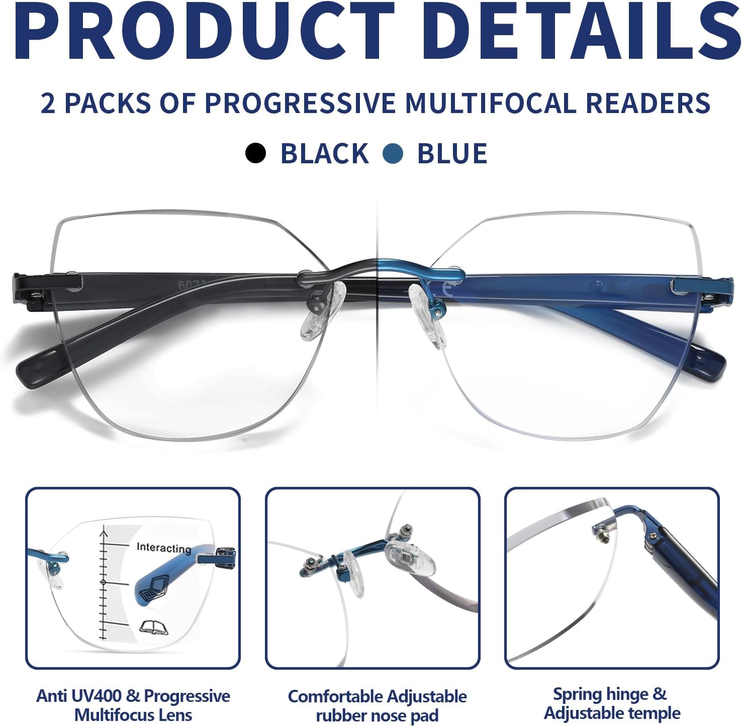 Progressive Multifocal Reading Glasses Women Cat Eye No Line Multifocus Transition Blue Light Reader Lady Metal Frame - Image 3