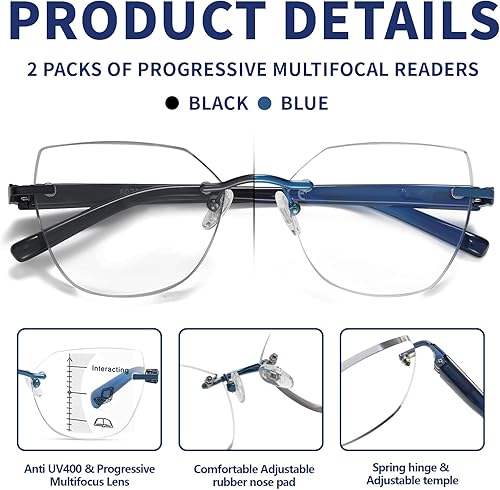 Miniatura 3 de Kafirlo Gafas de lectura multifocales progresivas para mujer, ojo de gato, sin línea, multifoco, transición, luz azul, marco de metal