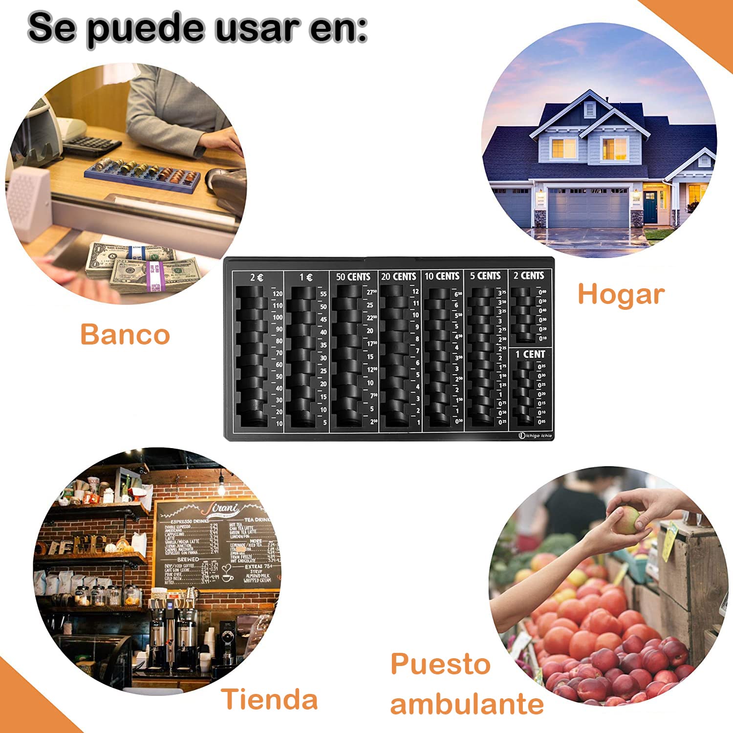 Bandeja para Contar Monedas, Bandeja para Monedas con 8 Compartimentos Incluidos Euros y Céntimos, Almacenamiento de Monedas, Organizador de Monedas, 33 x 18,5 x 2 cm, Negra
