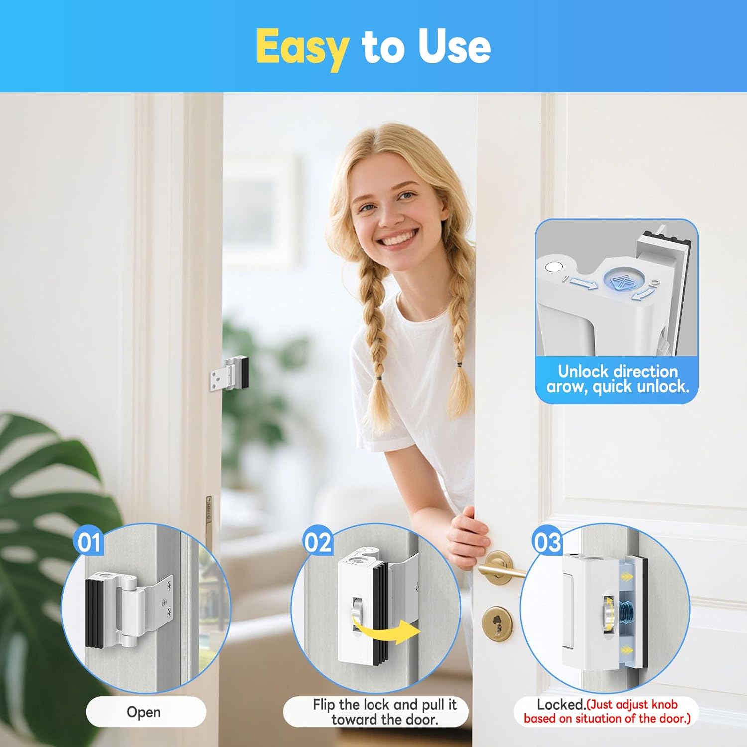 Upgraded Aluminum Alloy Door Reinforcement Lock - Home Security Flip Deadbolt Door Latch with Screws - Withstands 800 lbs, Fits Inward Swinging Apartment, Bedroom (White-2 Pcs)
