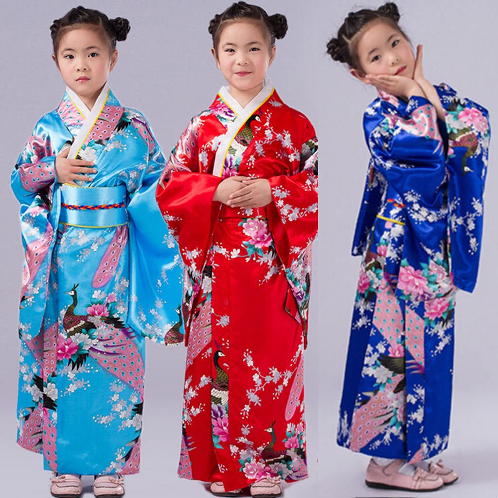 Dziecięca Yukata Vintage Japoński Styl - Dziewczyna Kimono Dzieci Sukienka Tradycyjna Odzież Jedwabna Tkanina Szlafrok Odzież Ślubna Impreza Suknia Występ