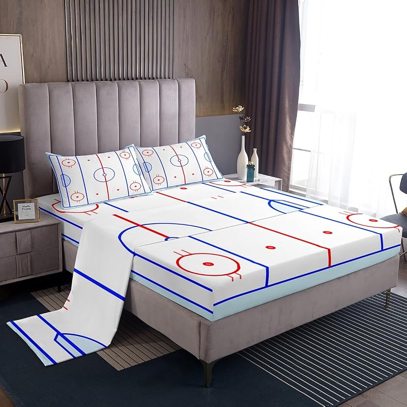 Ice Hockey Bedding Set Queen Kids Teens Girls Boys Winter Sports Game Fitted Sheet Puck Design Sheet Set, Soft Breathable Microfiber Home Decorative 4 Pcs Bedding Decor Set With 1 Flat &2 Pillowcases