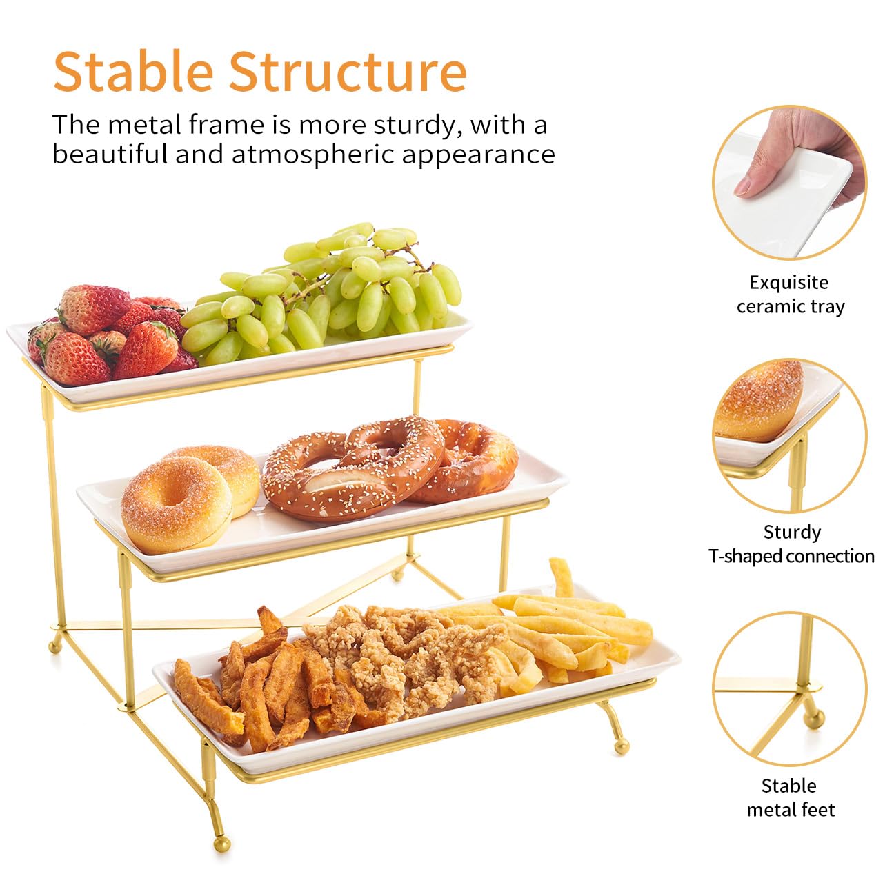 Plateau de Service avec 3 Plats, Plateau Repas, Grand Plateau Plastique Rectangulaire 35×29cm, Presentoir Aperitif Buffet, Présentoir à Gâteaux, Panier Fruits, Support en Métal Noir