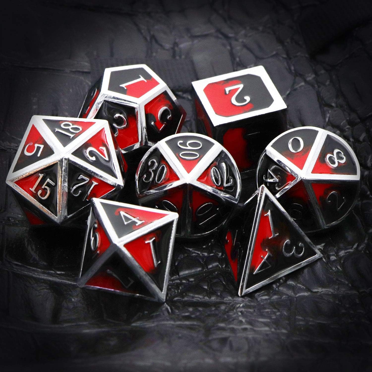 Haxtec Metal DND Dice Set Silver Red Black Enamel Vampire D&D Dice with Leather Dice Bag Compatible with Dungeons and Dragons TTRPG Gift for DND Lovers Players Masters