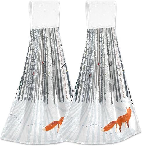 KOPIRIT Winter Forest Fox - Juego de 2 toallas de mano suaves y absorbentes decorativas para baño, toalla colgante para baño, cocina, casa de campo