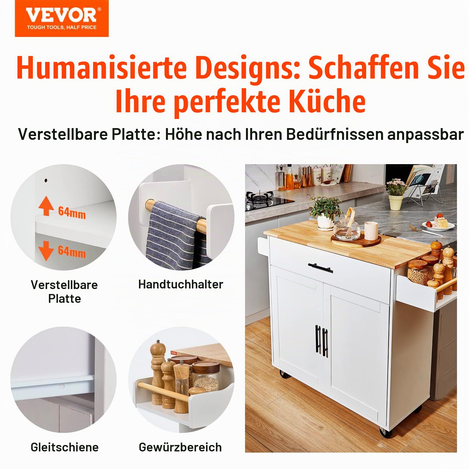 VEVOR Servierwagen Küchenwagen 1190 x 695 x 905 mm, 90,7 kg Belastbar Kücheninsel Küchenschrank, Rollwagen Küchentrolley mit Handtuchhalter & 1 Schubalde, Mikrowellenschrank Küchenrollwagen Massivholz