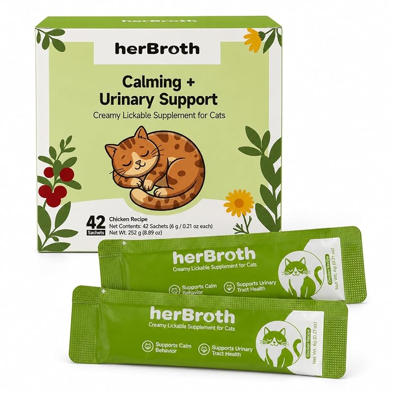 Suplemento Lickable para Gatos com L-Teanina, Cranberry e Sabor Frango herbroth – 42 Sachês de 6 g