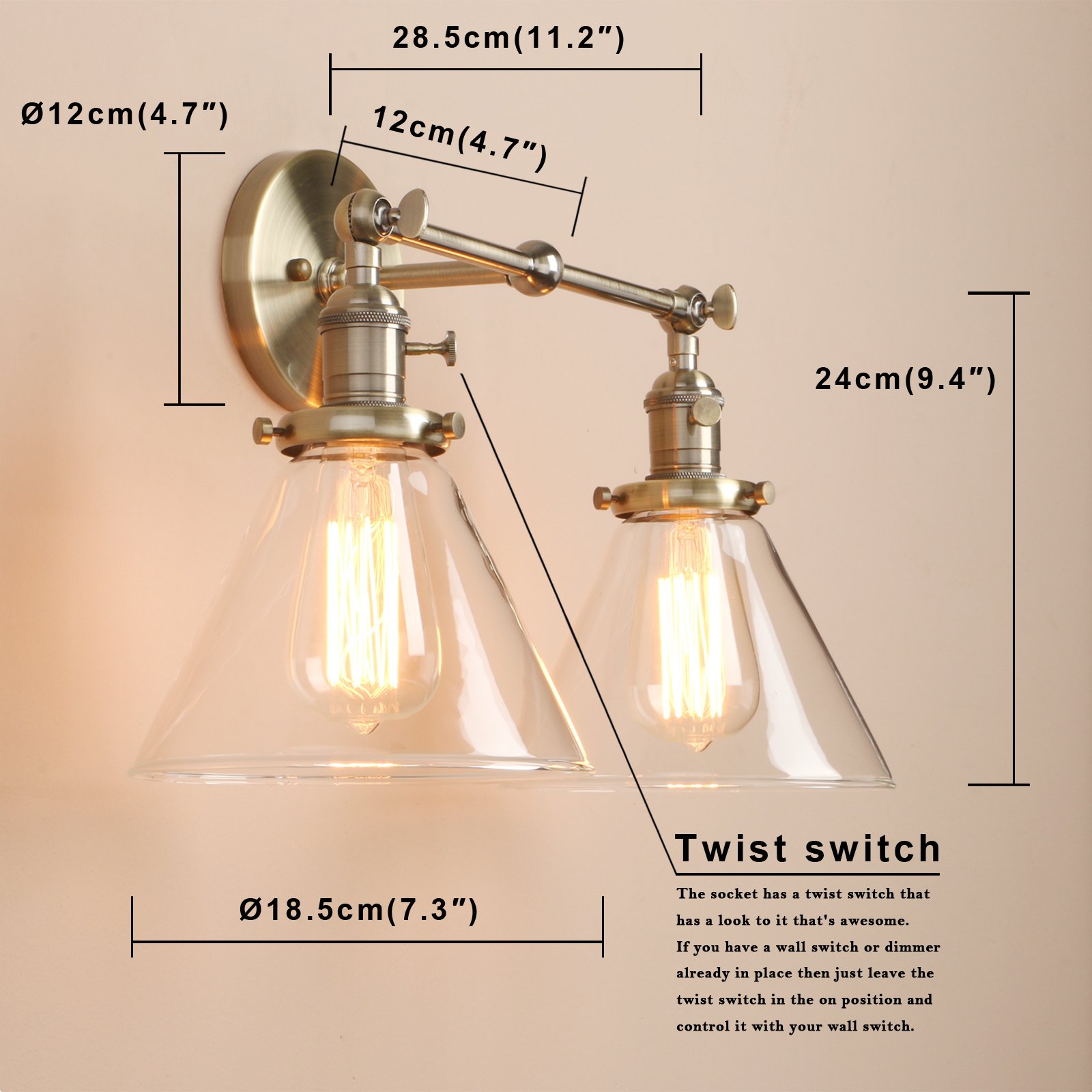 Pathson Réglable 2 Luminaire Applique Abat-jour en Verre Entonnoir Rétro Industrial Lampe Murale Plafonnier Rétro Eclairage(Ampoule Non Inclus) Bronze
