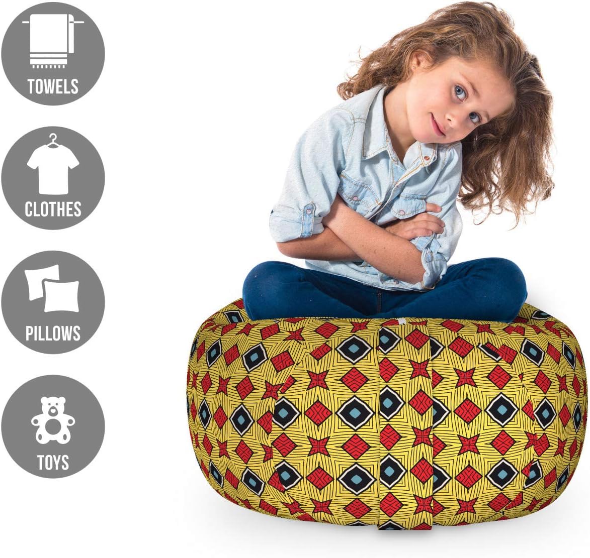 Ambesonne Abstract Storage Toy Bag Chair, Geometric Shapes Retro Streaks and Details, Stuffed Animal Organizer Washable Bag, Small Size, Multicolor