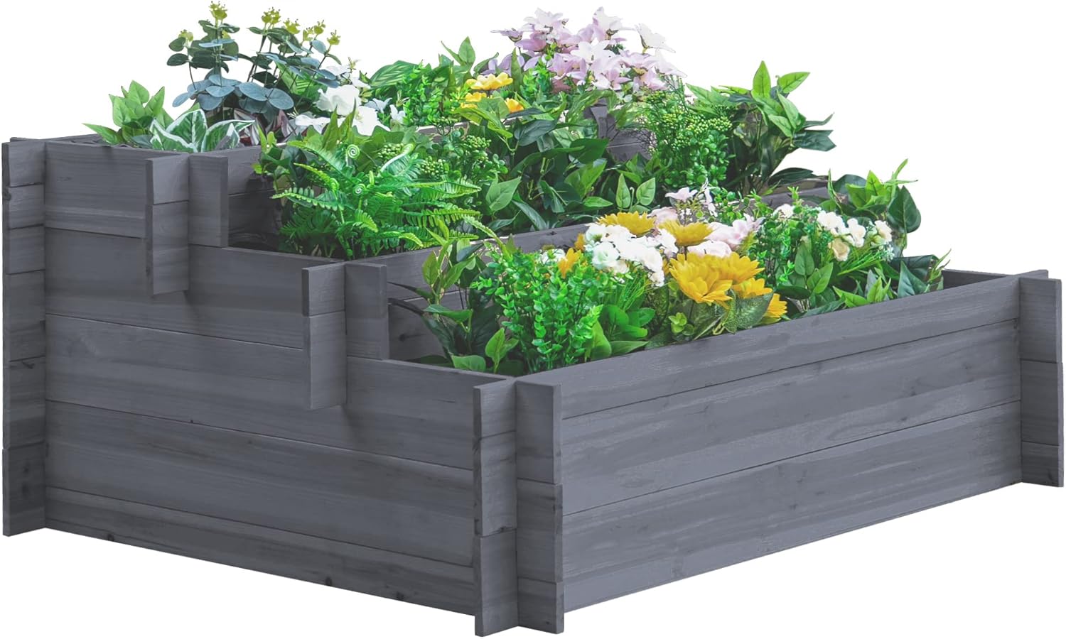 Outsunny 3-Tier Wood Raised Garden Bed, Elevated Planting Box, Outdoor Vegetable Flower Container, Herb Garden Indoor Kit, Gray