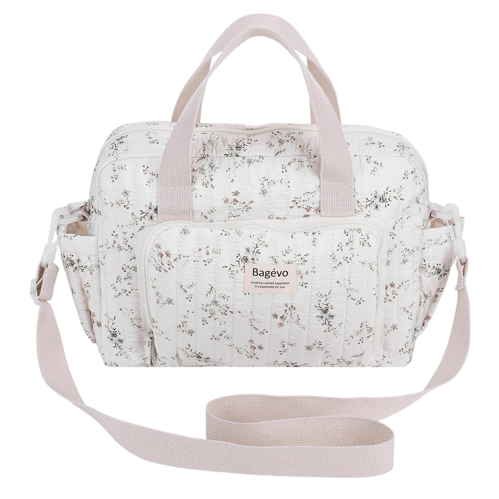 Quilted Embroidered Baby Diaper Bag with Zipper – Large Capacity Cotton Mom Bag with Wet/Dry Pocket – Stylish Nursery Storage & Travel Essential