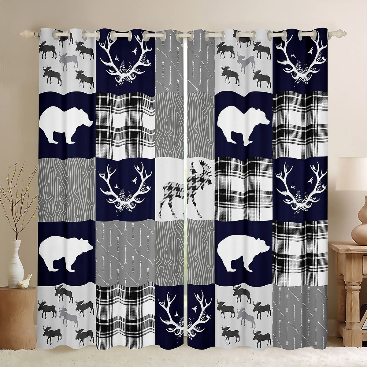 Bear Darkening Drapes Farmhouse Moose Deer Curtain for Bedroom Women Men Buffalo Check Plaid Window Curtains Black White Bohemian Arrow Window Treatments W66*L72