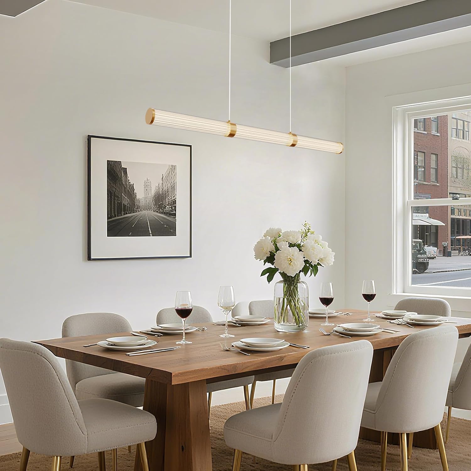 Modern Linear Chandelier Gold Linear Pendant Light Fixture, LED Dimmable Island Chandelier for Kitchen Island Lighting, Dining Room, and Living Room, Over Table Easy to Install.