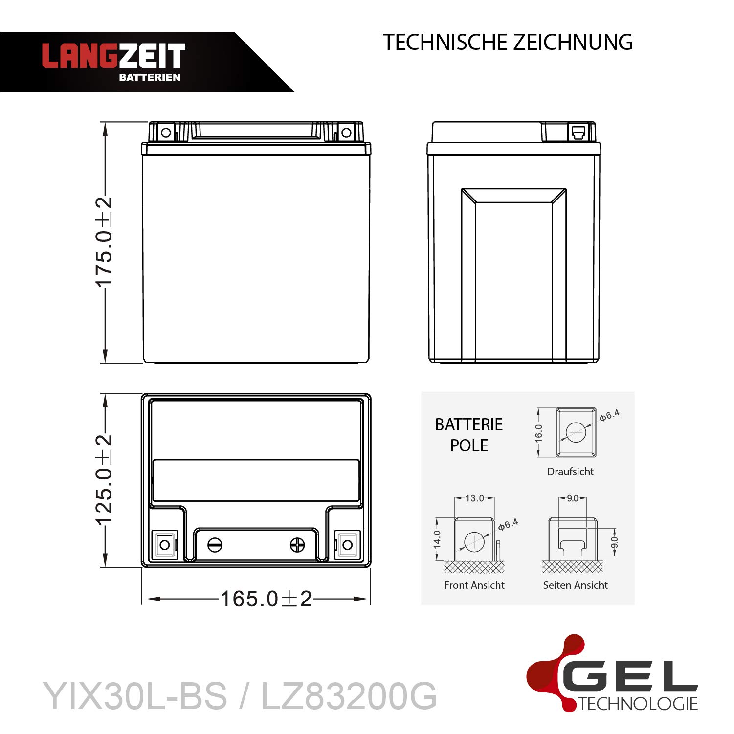 LANGZEIT YIX30L-BS batteria moto 32Ah 12V 83200 senza manutenzione 30Ah